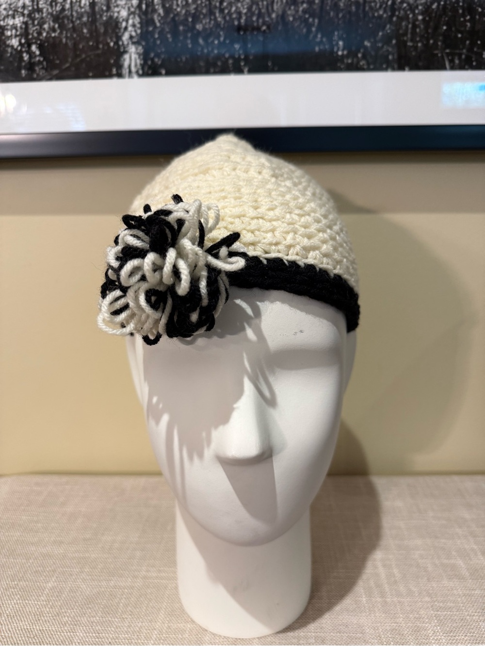 Handmade Crochet Beanie Hat Ivory Black Contrast Pom Pom Cloche